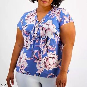 Macys I.N.C Floral-Print Lace-Up- Top,  1x